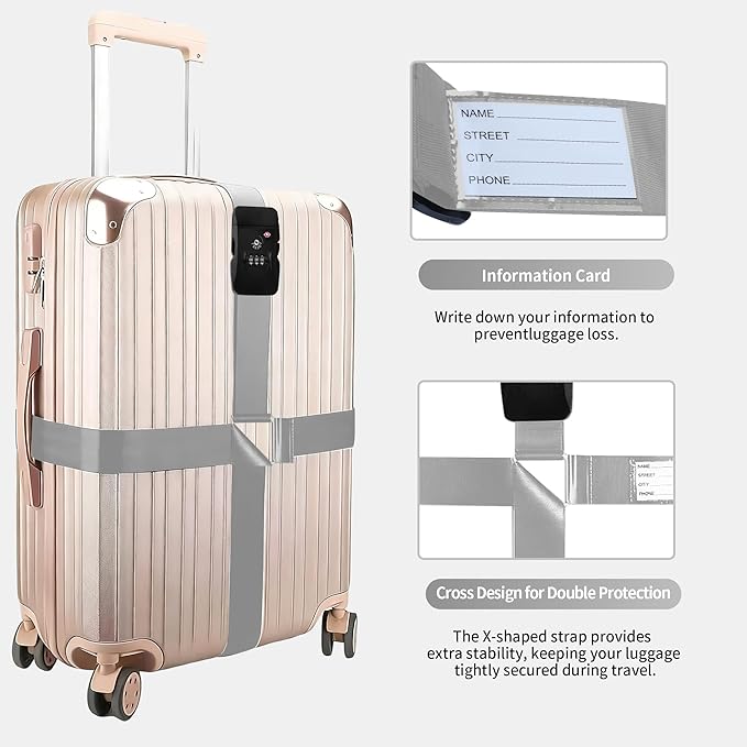 Luggage Straps, Silver TSA Approved Cross Luggage Strap Belt with Combination Lock for Suitcases, 1 Pack Adjustable Heavy Duty Cross Style Suitcase Straps with Name Tags for Travel