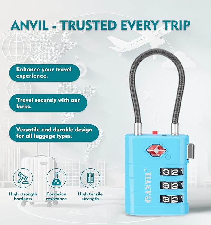 ANVIL TSA Approved Luggage Locks – High Security TSA008 Combination Travel Locks with Inspection Indicator for Suitcases and Backpacks. (3, Bule)