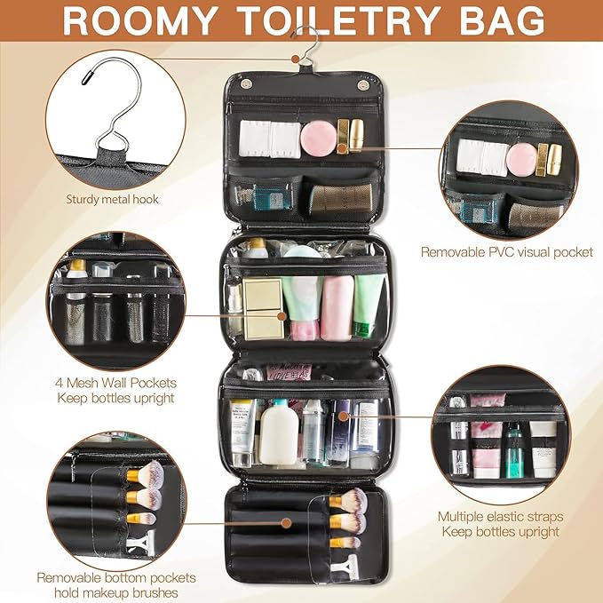 Elviros Hanging Toiletry Bag Removable Travel Bag PU leather Makeup Cosmetic Organizer Kit, Black
