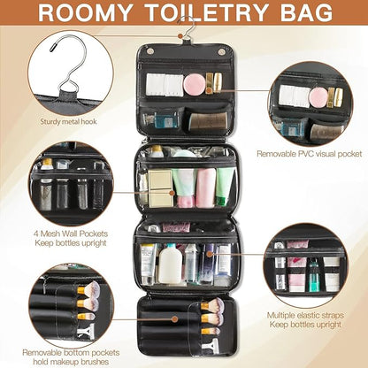 Elviros Hanging Toiletry Bag Removable Travel Bag PU leather Makeup Cosmetic Organizer Kit, Black