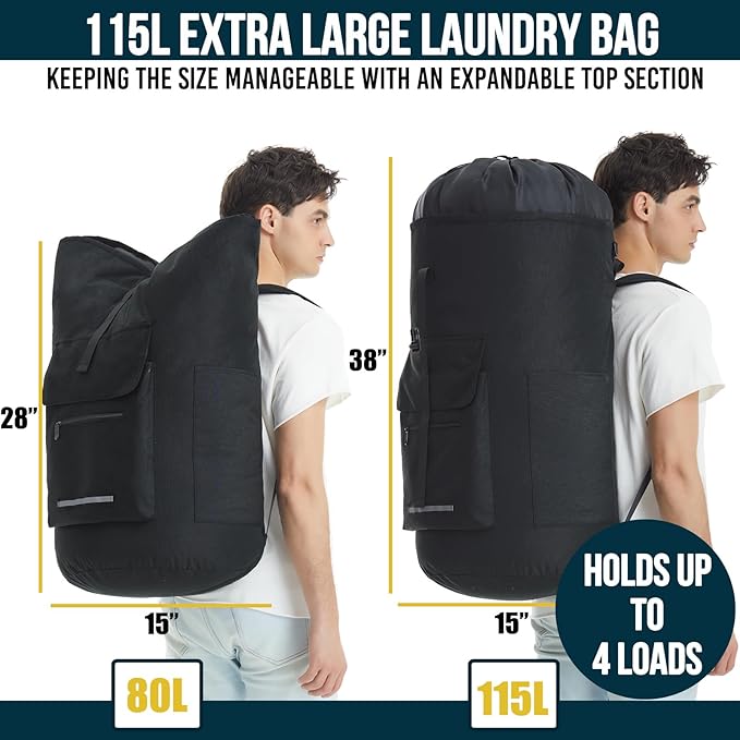 Laundry Bag Extra Large 115L, Laundry Backpack Bag, Laundry Bags Extra Large Heavy Duty, Laundry Bag with Straps, Clothes Hamper Bags with 4 Pockets, College Laundromat Backpack for Dorm Room