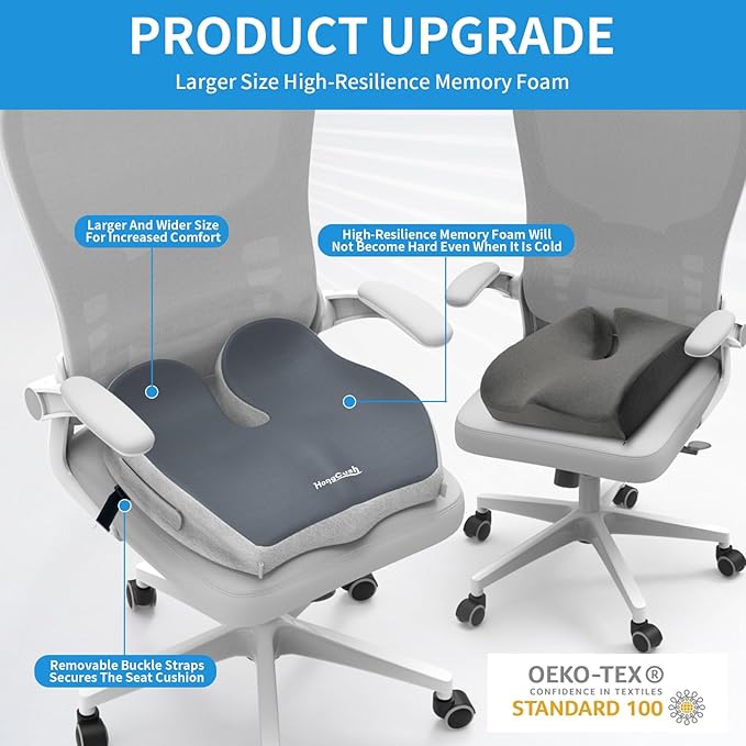 Seat Cushion Extra Thick Premium Memory Foam for Office Chair & Car, Pain Relief for Sciatica Tailbone Back, Orthopedic Comfort