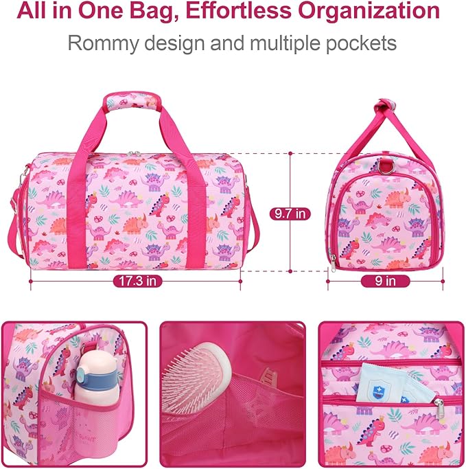 Bagseri Dance Bag for Girls - Waterproof Kids Duffel Bag for Ballet Sports Gymnastics Overnight with Shoe Compartment and Dry Wet Separation Pockets (Pink & Crown Dinosaur)