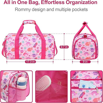 Bagseri Dance Bag for Girls - Waterproof Kids Duffel Bag for Ballet Sports Gymnastics Overnight with Shoe Compartment and Dry Wet Separation Pockets (Pink & Crown Dinosaur)
