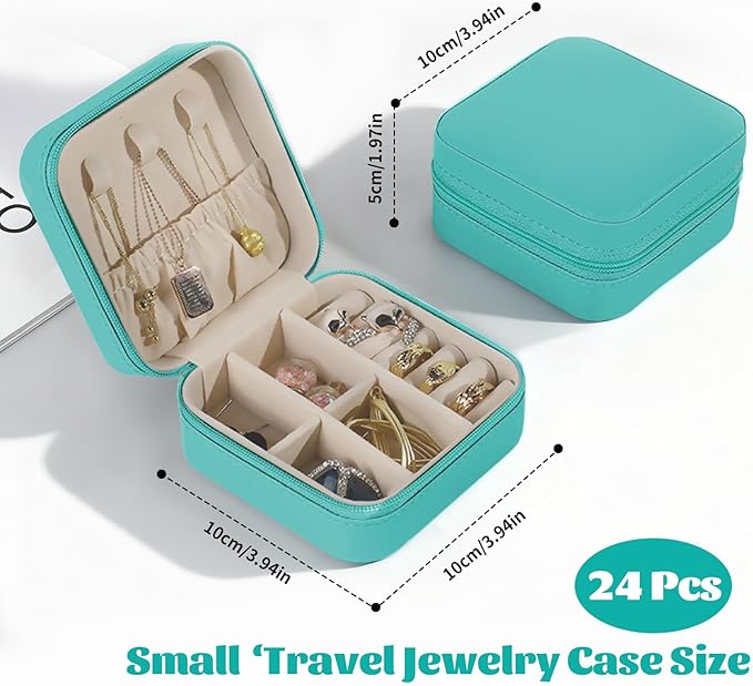 24-Pack Sage Green Travel Jewelry Box Organizer, 3.9" Mini PU Leather Snap Case with Mirror, Bridesmaid Proposal Gift/Wedding Favor, Ring Earring Holder, Compact Portable, Bulk Set
