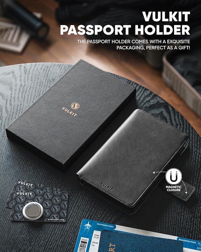 VULKIT Passport Holder with Airtag Holder RFID Blocking Passport Wallet Travel Leather Passport for Women(Dark Grey)