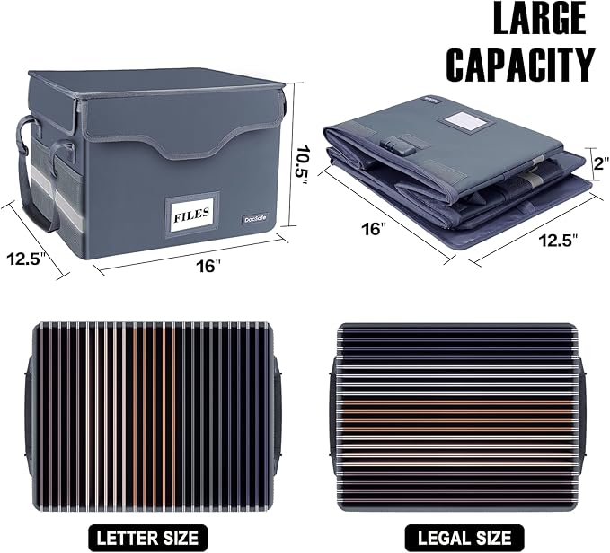 DocSafe Fireproof Document Box with Lock,File Storage Organizer with Zipper Pockets,Collapsible Portable File Box Home Office Safe Filing Cabinet with Handle for Hanging Letter/Legal Folders,Gray