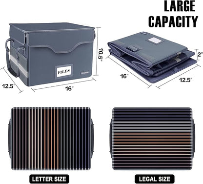 DocSafe Fireproof Document Box with Lock,File Storage Organizer with Zipper Pockets,Collapsible Portable File Box Home Office Safe Filing Cabinet with Handle for Hanging Letter/Legal Folders,Gray