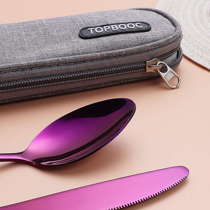 8-Piece Portable Stainless Steel Flatware Set, Travel Camping Cutlery Set with Purple Waterproof Case