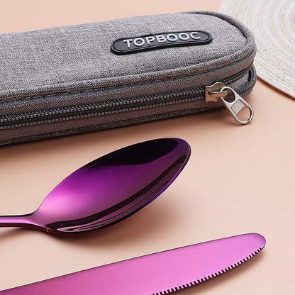 8-Piece Portable Stainless Steel Flatware Set, Travel Camping Cutlery Set with Purple Waterproof Case