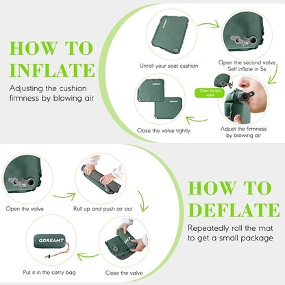 Inflatable Seat Cushion, Self-Inflating Memory Foam Stadium Seats Cushion Portable Camping Air-Foam Sitting Pad for Travel Airplane Car Bleachers Backpacking Office, Lightweight & Compact