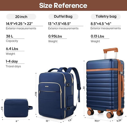 Luggage Sets 3 Piece, Carry On Luggage 20In With Spinner Wheels,PC Hardside Suitcase Set with TSA Lock,Durable Carry On Suitcase With Travel Backpack for Men (Navy Blue, 3 piece set (BP/20inch))