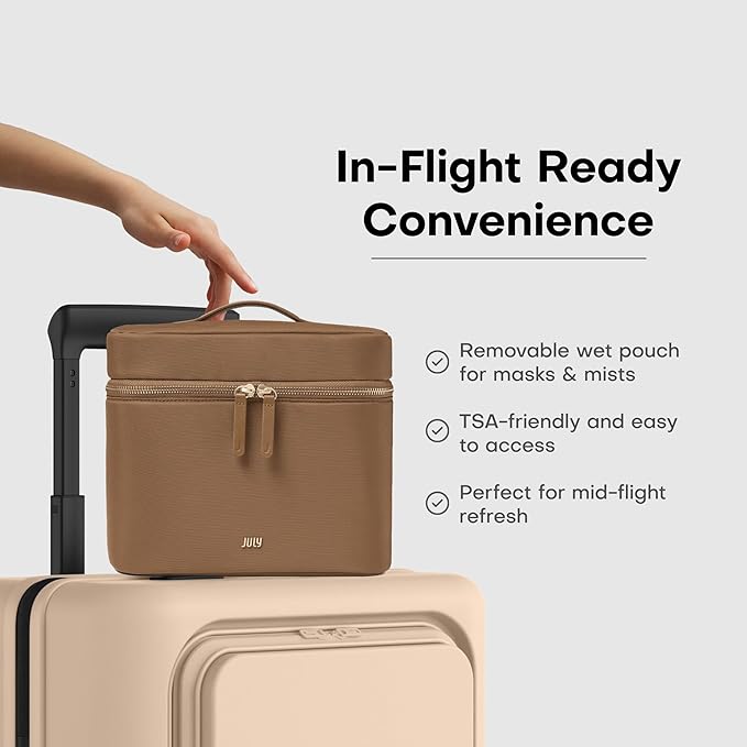 Vanity Cosmetic Case - Stylish Travel Makeup Bag for Women with Removable Wet Pouch, Upright Bottle Design, Clear Top Pocket, Leather Handle, Travel Essentials, Toiletry Organizer - Light Brown