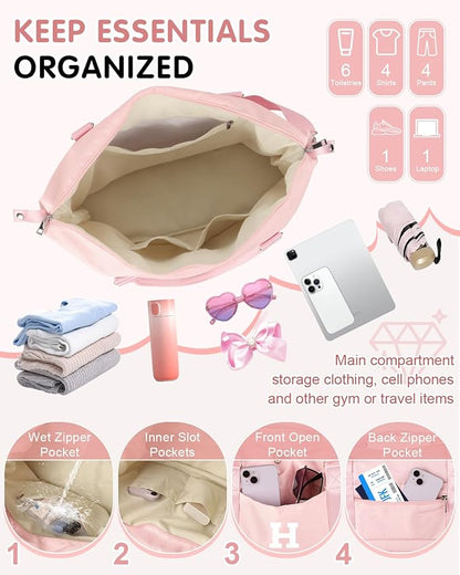 Initial Travel Duffel Bag Sports Gym Bag for Girls Teen Birthday Gifts,Pink Personalized Weekender Bag Carry On Tote Bags for Women Men,Waterproof Overnight Luggage Bag with Trolley Sleeve(Letter H)