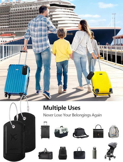 Luggage Tag with Tracker (iOS Only), Premium PU Leather Luggage Tags for Suitcase, Privacy Cover & ID Card Slot, Stainless Loop for Travel Bags, Backpack, Pet Carrier, Ideal Gadgets (Black)