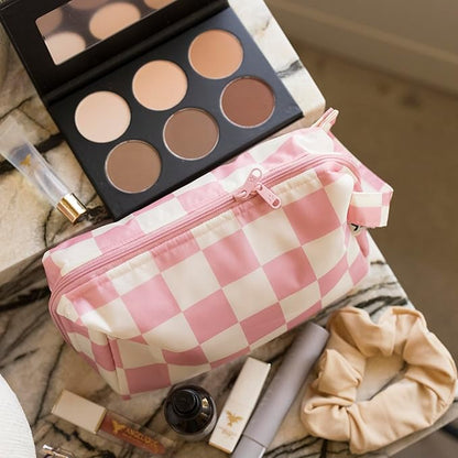 Tiny Twinkle Waterproof Travel Toiletry & Makeup Bag Organizer | Large Capacity Cosmetic Case with Compartments & Handle, A Thoughtful Travel Companion for Women（Pink Checkers
