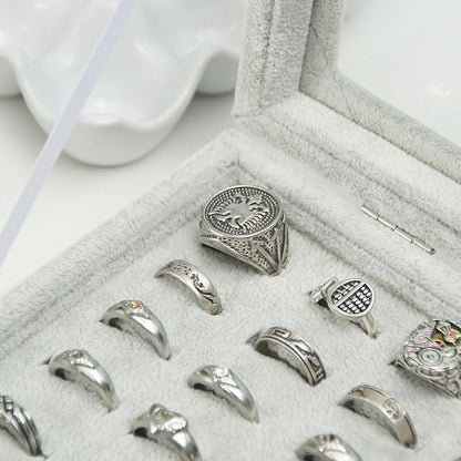 Coward Ring Organizer Jewelry Tray Box, Grey Beige Velvet 100 Slots Ring Display Tray Case with Transparent Glass Lid for Home Use or Store Selling Show