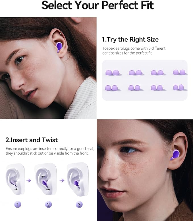 Ear Plugs for Sleeping 45dB Noise Cancelling Ear Plugs for Noise Reduction & Snoring, Concerts, Earplugs for Sleep, Sider Sleepers Airplane, Silicone Earplugs Reusable Concert Ear Plug +8Tip Violet