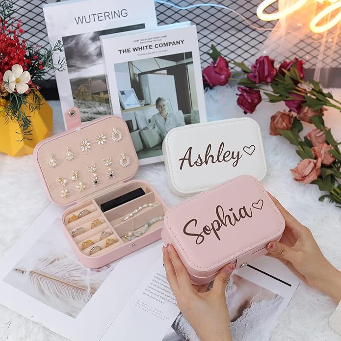 Personalized Jewelry Box for Women, Custom Travel Jewelry Case with Name and Birth Flower, Leather Jewelry Box for Rings, Earrings, Necklaces, Personalized Gifts for Women