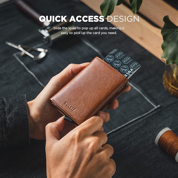 VULKIT Pop up Card Wallet Minimalist Cash Wallets RFID Blocking Leather Smart Credit Card Holder with ID window for Men(Brown)