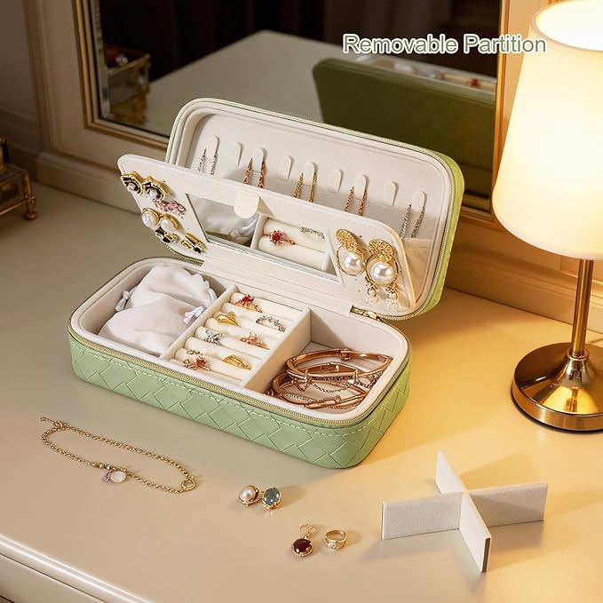 DesignSter Jewelry Organizer, Small Portable Travel Jewelry Storage for Women, Woven Embossed PU Jewelry Case with Mirror for Ring Earring Necklace Bracelet