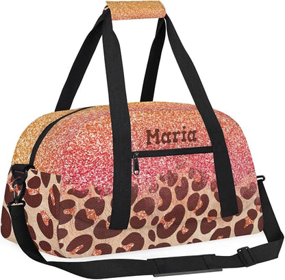 Personalized Kids Sports Duffel Bag with Name Custom Weekender Overnight Bag for Boys Girls Gym Bag Travel Dance Gymnastics Duffel Bag, Pink Glitter Leopard Print