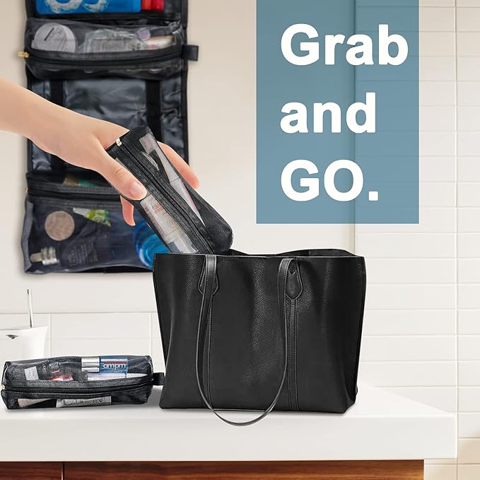 BONNY DODO Toiletry Travel Bag Can Hanging Large Roll-Up Makeup Organizer Bag with 3 Detachable Transparent Mesh Folding Cosmetic Travel Bags for Women & Men Black Toiletries Organizer Bag