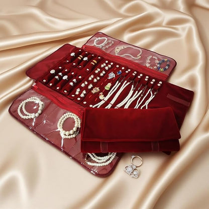 Velvet Travel Jewelry Case Roll Bag Organizer for Necklace Bracelet Earrings Ring (Black) (Burgundy)