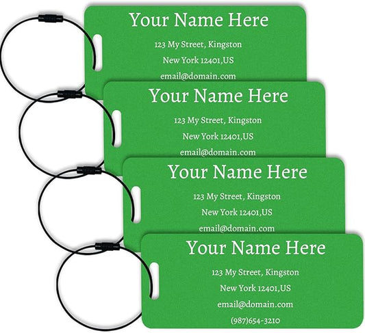 Luggage Tags for suitcases Tags Pack of 4 Personalized Luggage Tags Double Sided Laser Engraving Metal Luggage Tag and Stainless Loops Customizable Luggage Tag Cruise Luggage tag (Green, Small)