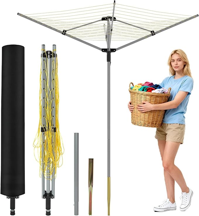 tonchean Outdoor Umbrella Drying Rack, 4-arm Rotary Umbrella Clothesline for Laundry, Adjustable Height Rotary Dryer Collapsible Clothes Drying Rack | 12-Lines with 165 ft. Clothesline