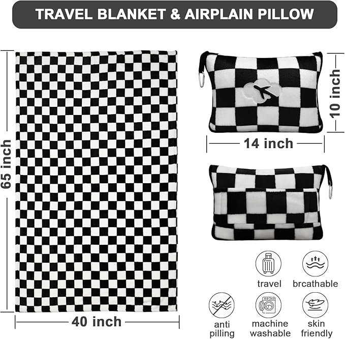 Travel Blanket and Pillow Compact, Premium Soft 2 in 1 Airplane Blanket with Soft Bag Pillowcase，Hand Luggage Sleeve and Backpack Clip (Checkered Black)