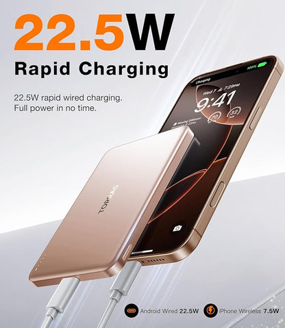 TORRAS MiniMag Power Bank,Ultra-Slim 10,000mAh Magnetic Wireless Portable Charger, 22.5W Fast Charging iPhone Air Magnetic Battery Pack Designed for iPhone 17 Pro Max/17 Pro/Air/16/15/14/13/12, Gold