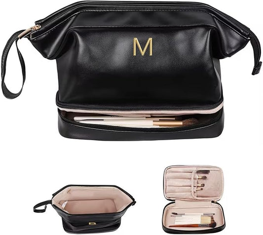 Birthday Gifts for Women, Initial Large Makeup Bag, Personalized Double Layer Cosmetic Bag with Makeup Brush Organizer, Waterproof, PU Leather Travel Toiletry Bag,Bride Gift Monogrammed Gifts