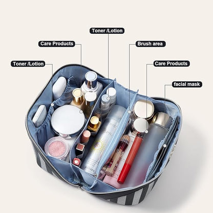 BOYATU Travel Makeup Bag for Women: Large Cosmetic Bag Set of 3 - PU Leather Make up Bag with Compartments - Compact Waterproof Toiletry Bag with Divider & Handle (B-4-Black)