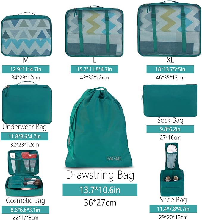 BAGAIL 8 Set Packing Cubes Luggage Packing Organizers for Travel Accessories-Aqua Color
