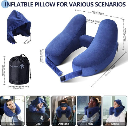 Sunany Neck Pillow for Travel Inflatable Airplane Pillow Comfortably Supports Head,Neck and Chin,Inflatable Travel Pillow with Soft Velour Cover,Hat,Portable Drawstring Bag (Blue)