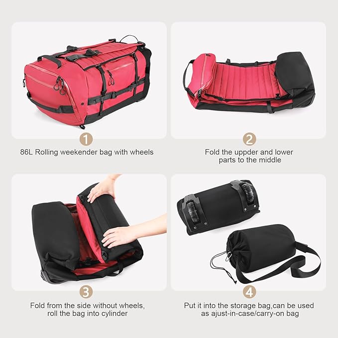 Vomgomfom 86L Collapsible Wheeled Luggage With Removable Backpack Straps,Waterproof Rolling Duffle Bag with Quilted Base,No Telescope Handle,Red