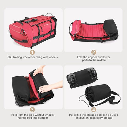 Vomgomfom 86L Collapsible Wheeled Luggage With Removable Backpack Straps,Waterproof Rolling Duffle Bag with Quilted Base,No Telescope Handle,Red