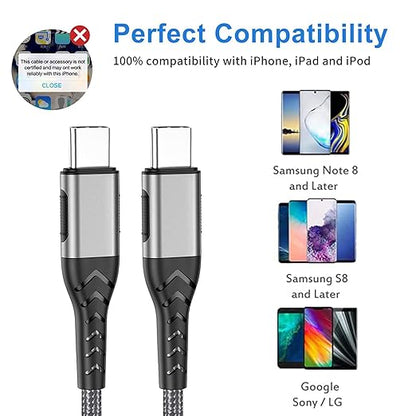 Durcord 2Pack 10ft USB C Charger Cable - 100W Fast Charging for Android/Phone/Pad, Type C to Type C Compatible with iPhone 17/16/15 Pro Plus Max Silver