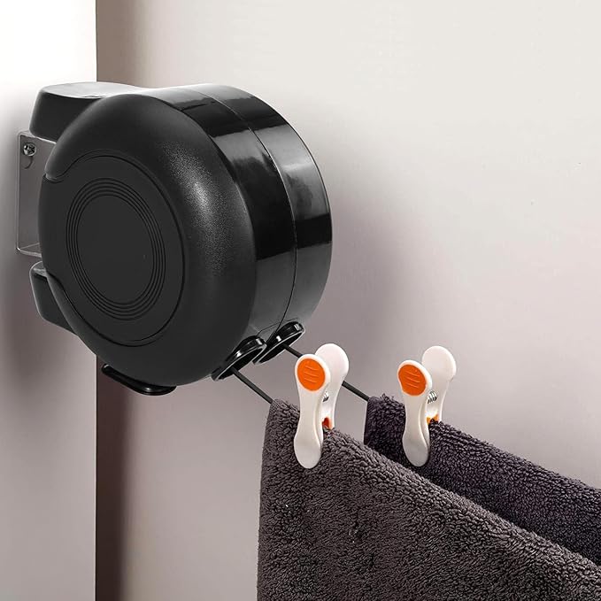 Retractable Clothesline 2x49 Feet Outdoor Indoor, Dual Heavy Duty Clotheslines for Laundry Drying, Wall-Mounted Portable Easy Installation Washing Lines Rope (Black-98FT)