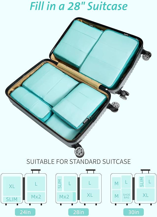 Bagail Ultralight Compression Cubes 7 Set - 3 Packing Cubes, 3 Organizers, and 1 Shoe Bag