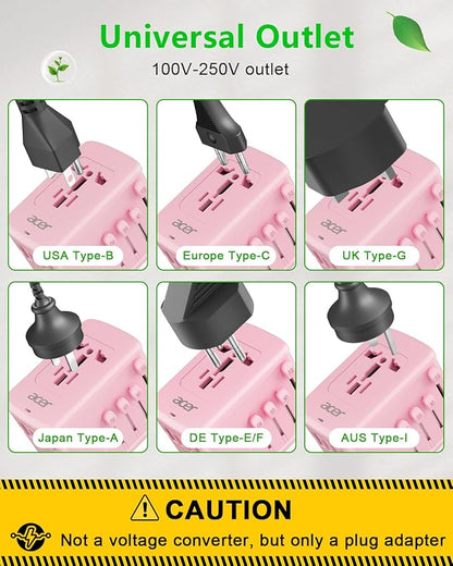 Acer Universal Travel Plug Adapter - International Power Adapter with 5 USB Ports (3 USB C) 5.8A, Worldwide Outlet Charger for USA to European UK France Germany Spain, Type C/E/F/G/I/L/A,Pink