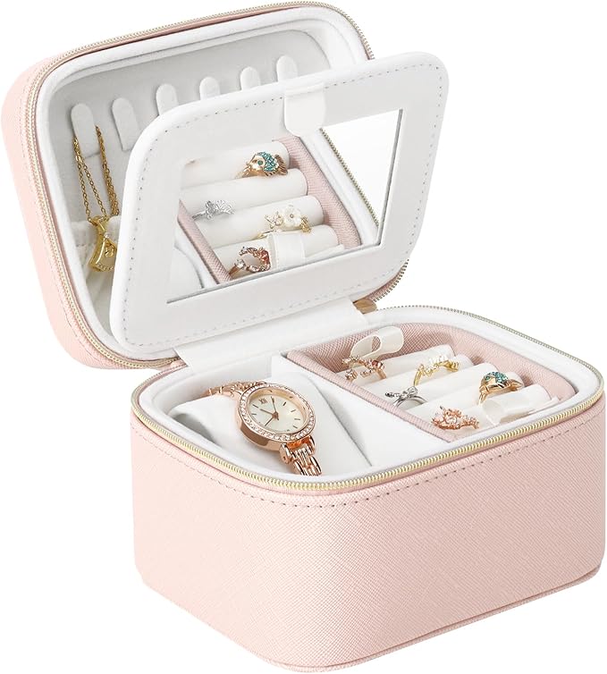 DesignSter Travel Jewelry Case,Small Jewelry Box with Mirror,Leather Material Travel Jewelry Case Organizer, Portable Jewelry Organizer with Zipper(Pink