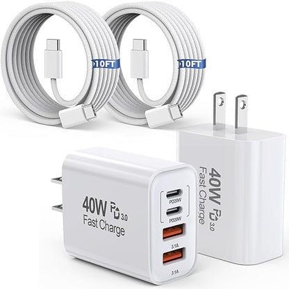 10FT iPhone 17 16 15 Pro Charger,2Pack 10Foot USB C to C Woven Cable Cord 40W USB C Apple Charger 4 Port PD&AC Charge Block Fast Charging for iPhone 17 Air/17 16 15 Pro Max/16e/16 Plus/15/15 Pro/iPad