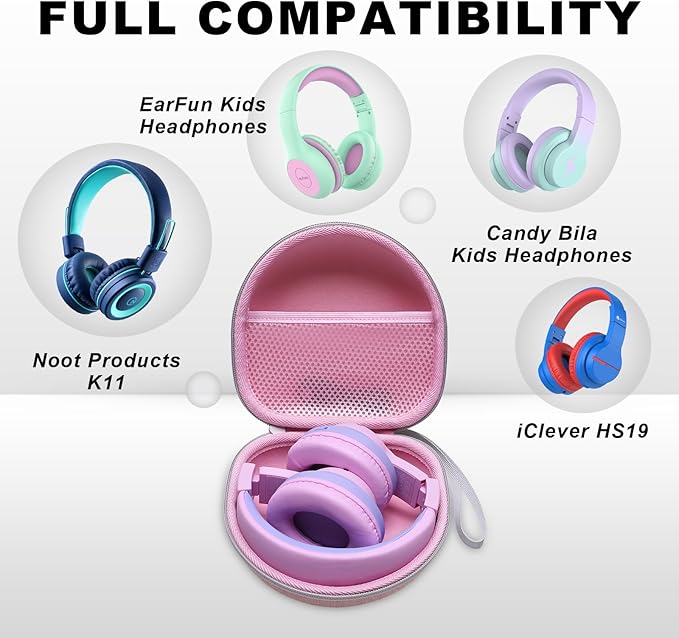 Kids Headphones Case Compatible with iClever BTH12 / BTH20/ BTH26/HS19, JoySpark, Candy Bila, EarFun, MIDOLA, IMYB Foldable Kids Headphones, Pink Travel Storage Bag(Case Only)
