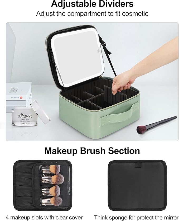 Chomeiu Makeup Bag with LED Mirror, Travel Makeup Case for Women and Makeup Artists Cosmetic Organizer Large Make Up Bags with Light Up Mirror, 3 Color Lights, Adjustable Dividers, Quilted Green