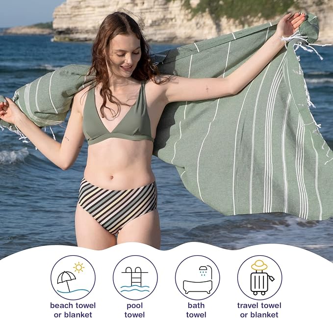 Turkish Beach Towels, Pack of 2 | Oversized, Quick Dry, Sand Free | 100% Cotton, Large 38x71 Towels for Beach, Pool, Travel | Ultra-Soft, Compact, and Absorbent | Light Green