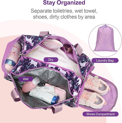 Bagseri Dance Bag for Girls - Ballet Bag for Girls with Shoes Compartment Kids Duffle Bag for Overnight Travel Sleepover with Dry Wet Separation Pockets (Deep Purple Unicorn)