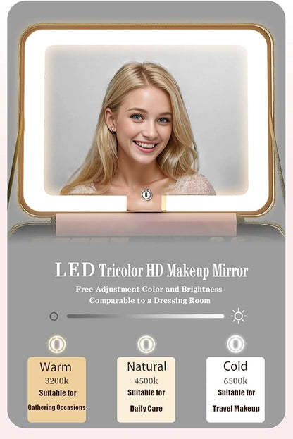 Travle Makeup Bag with LED Mirror, Portable Makeup Artist Organizer Case with Lighted Mirror, Makeup Bag with Adjustable Dividers, Cosmetic Brush Storage Box for Women Gift