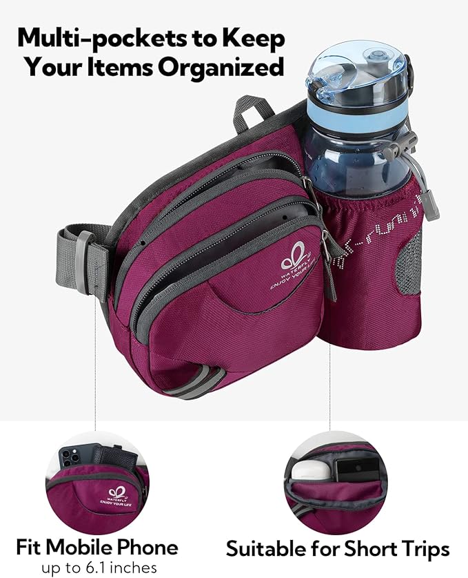 WATERFLY Fanny Pack Waist Bag: Waist Pack for Women Men with Water Bottle Holder Hiking Fanny Pack for Running Walking DogWalking Travel Cycling